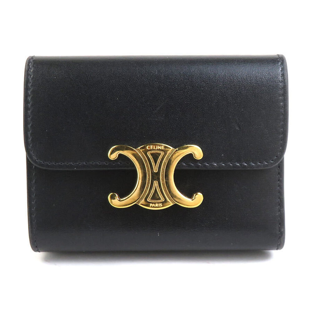 Celine Triomphe Leather Tri fold Wallet Black